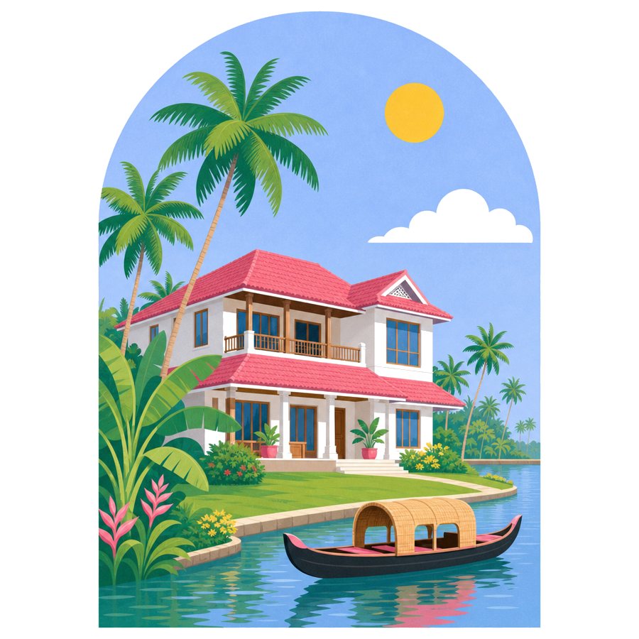 Illustration of a Kerala-style home with coconut palms beside a backwater canal.