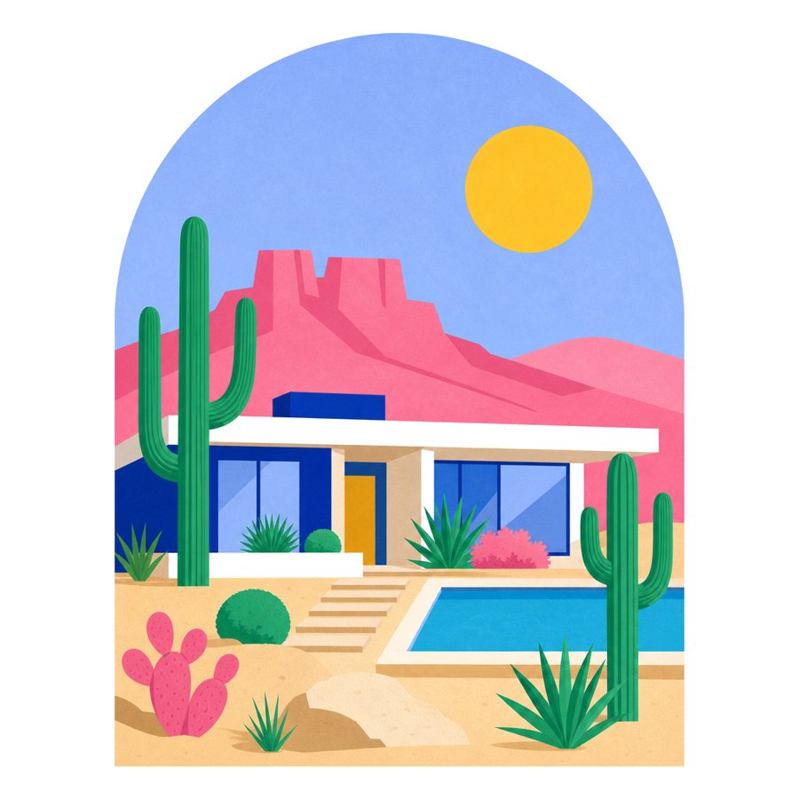 Illustration of a modern desert home with a pool and saguaro cacti under a yellow sun.