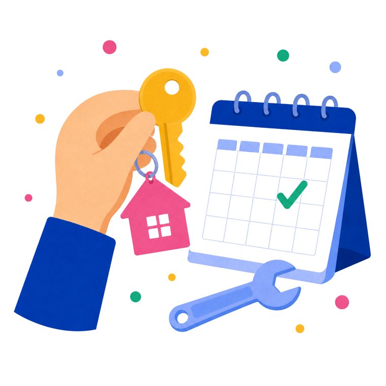 Illustration of a hand holding a house key next to a calendar with a checkmark and a wrench.