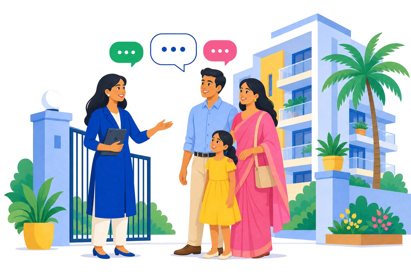 Illustration of an agent welcoming a family at the gate of an apartment building, with chat bubbles above them.