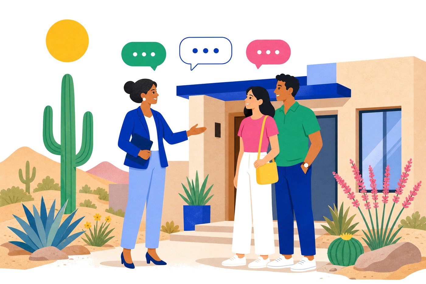 Illustration of an agent welcoming a young couple at the door of a desert home, with chat bubbles above them.